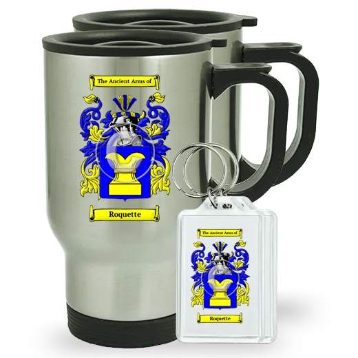 Roquette Pair of Travel Mugs and pair of Keychains