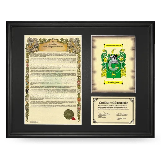 Rudderghan Framed Surname History and Coat of Arms - Black