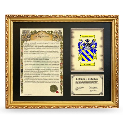Roussard Framed Surname History and Coat of Arms- Gold