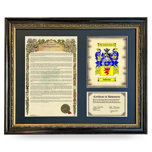 Sabatini Framed Surname History and Coat of Arms- Heirloom