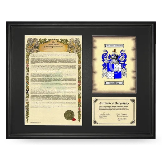 Sandfithy Framed Surname History and Coat of Arms - Black