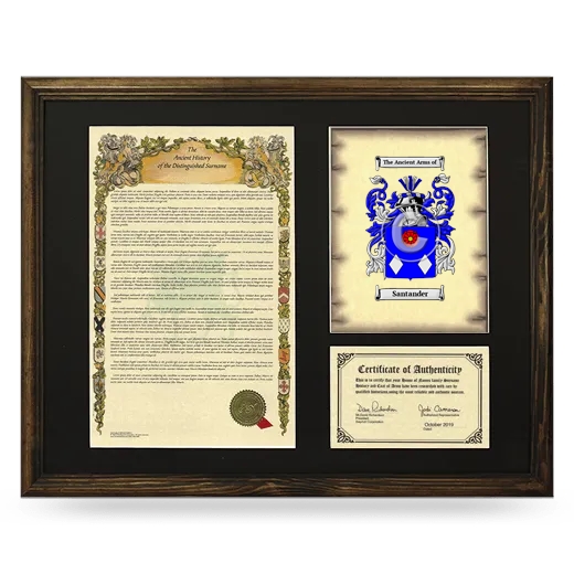 Santander Framed Surname History and Coat of Arms - Brown