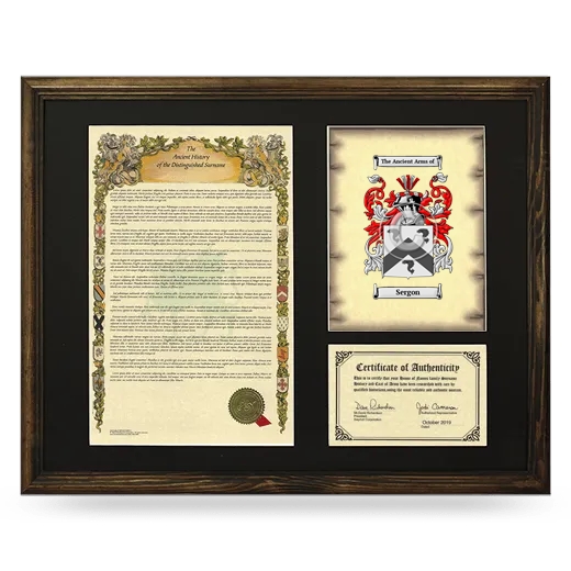 Sergon Framed Surname History and Coat of Arms - Brown