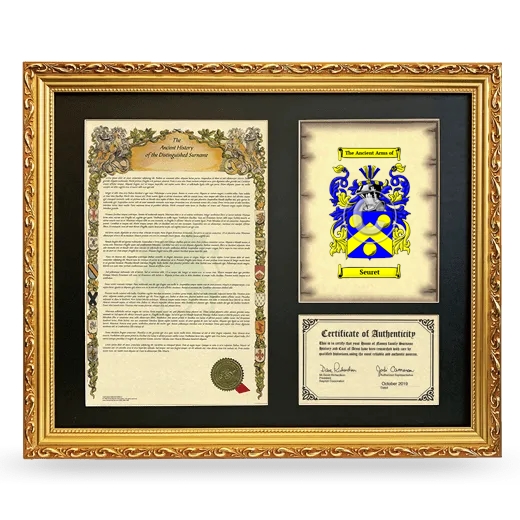 Seuret Framed Surname History and Coat of Arms- Gold