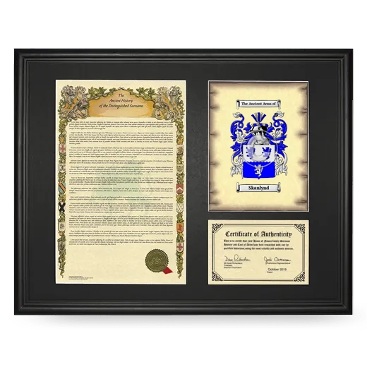 Skanlynd Framed Surname History and Coat of Arms - Black