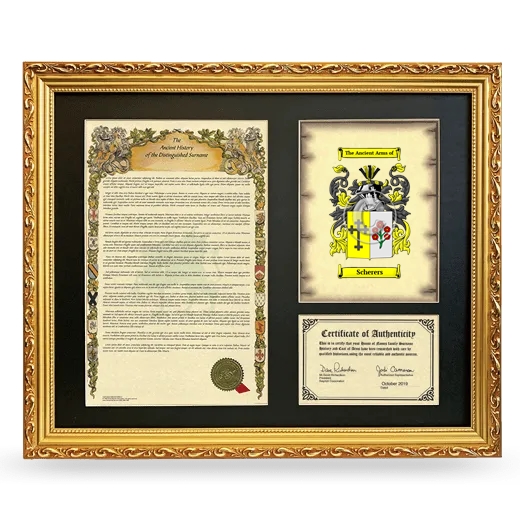 Scherers Framed Surname History and Coat of Arms- Gold