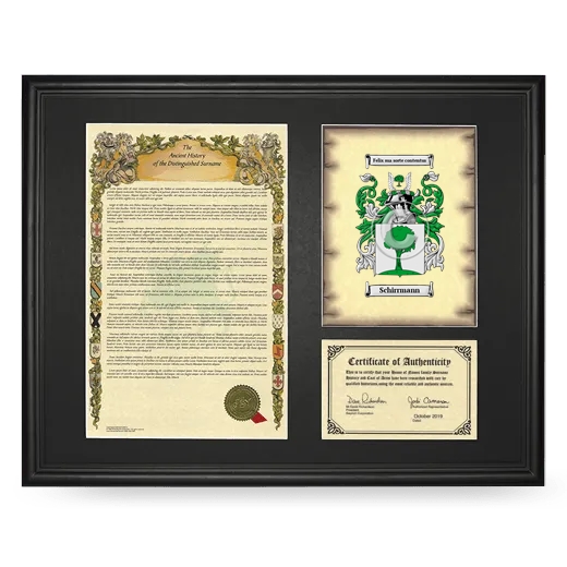 Schirrmann Framed Surname History and Coat of Arms - Black