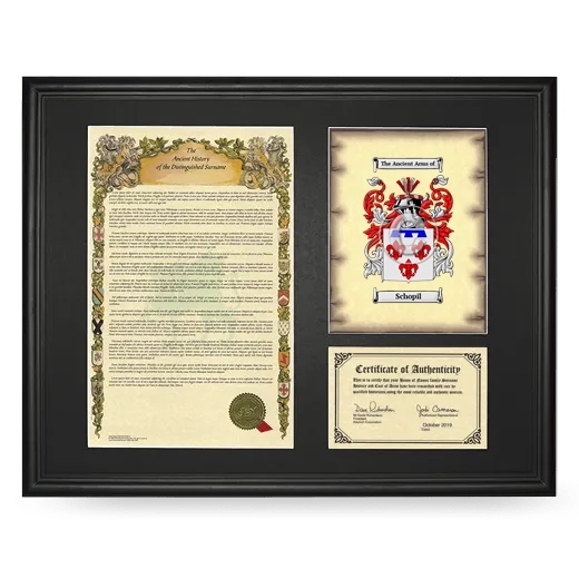 Schopil Framed Surname History and Coat of Arms - Black