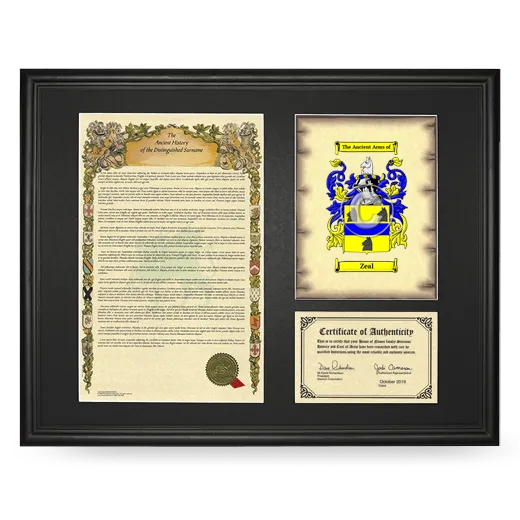 Zeal Framed Surname History and Coat of Arms - Black