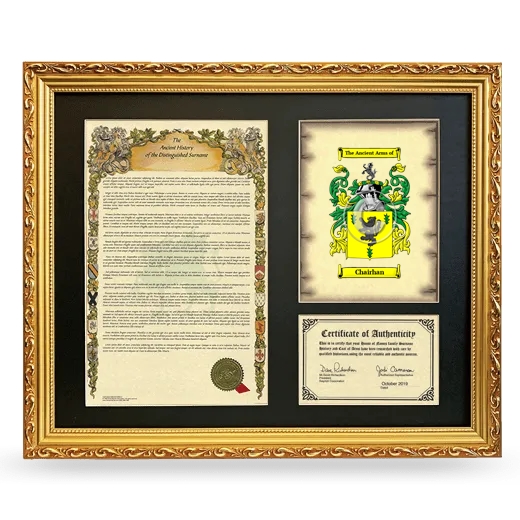 Chairhan Framed Surname History and Coat of Arms- Gold