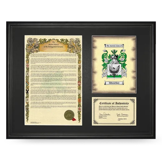 Silworthey Framed Surname History and Coat of Arms - Black