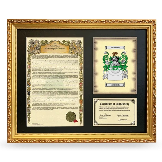 Symsoun Framed Surname History and Coat of Arms- Gold