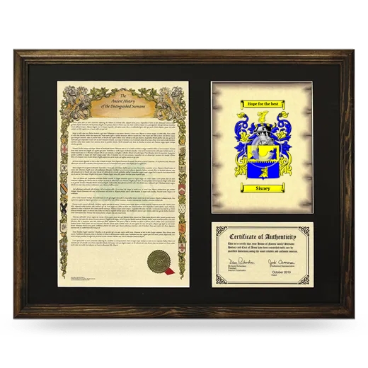 Sisney Framed Surname History and Coat of Arms - Brown