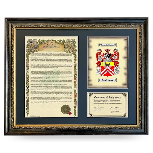 Sunderman Framed Surname History and Coat of Arms- Heirloom