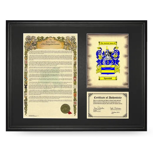 Spreeink Framed Surname History and Coat of Arms - Black