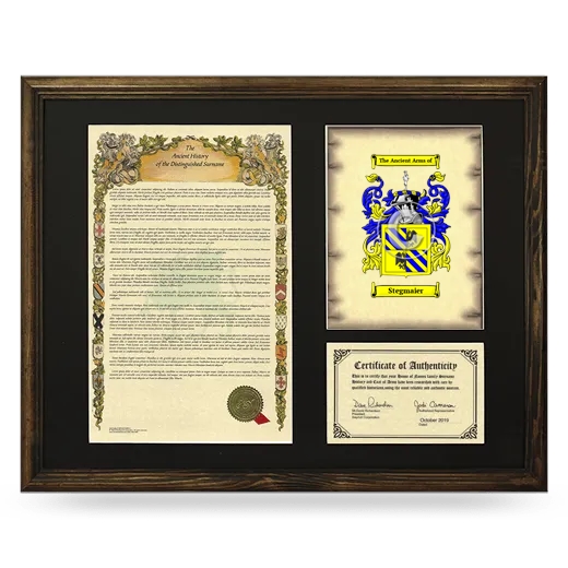 Stegmaier Framed Surname History and Coat of Arms - Brown