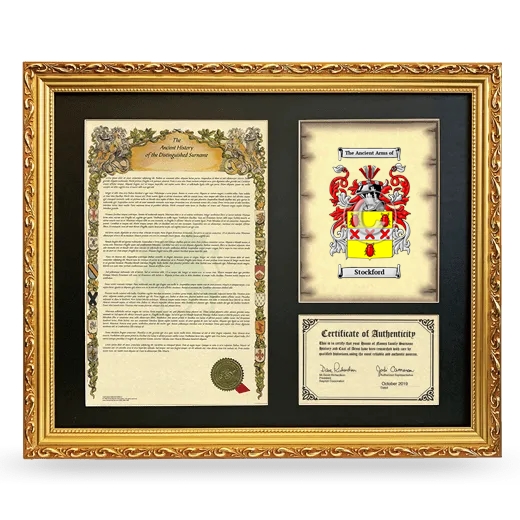 Stockford Framed Surname History and Coat of Arms- Gold