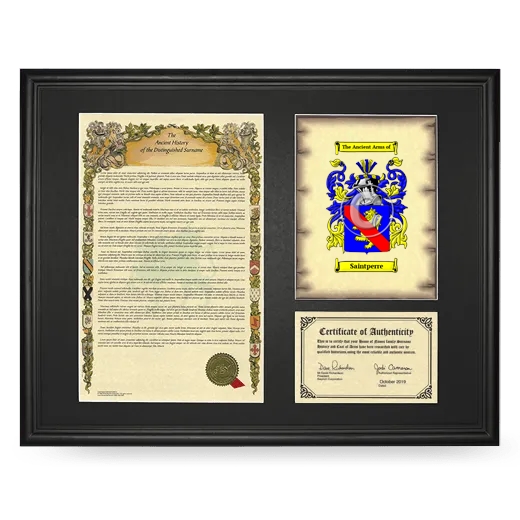 Saintperre Framed Surname History and Coat of Arms - Black