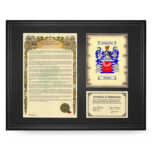 Straton Framed Surname History and Coat of Arms - Black