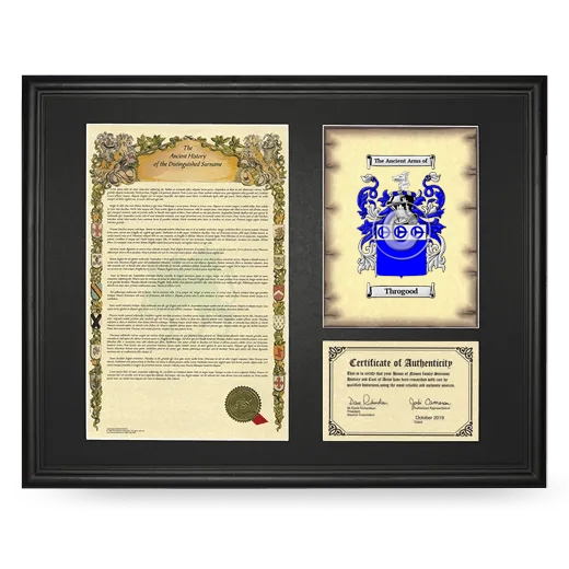 Throgood Framed Surname History and Coat of Arms - Black