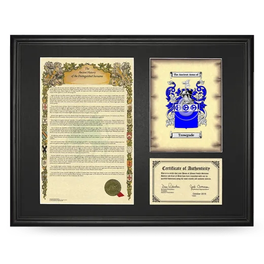 Trowgude Framed Surname History and Coat of Arms - Black