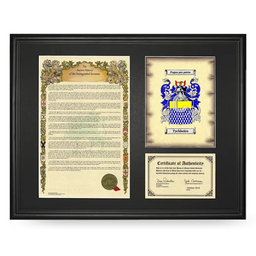 Tychboirn Framed Surname History and Coat of Arms - Black