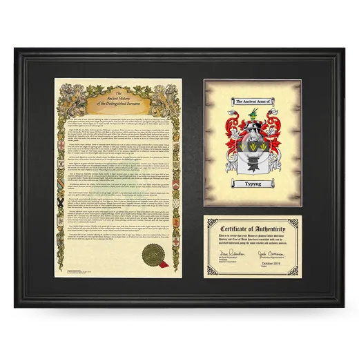 Typyng Framed Surname History and Coat of Arms - Black