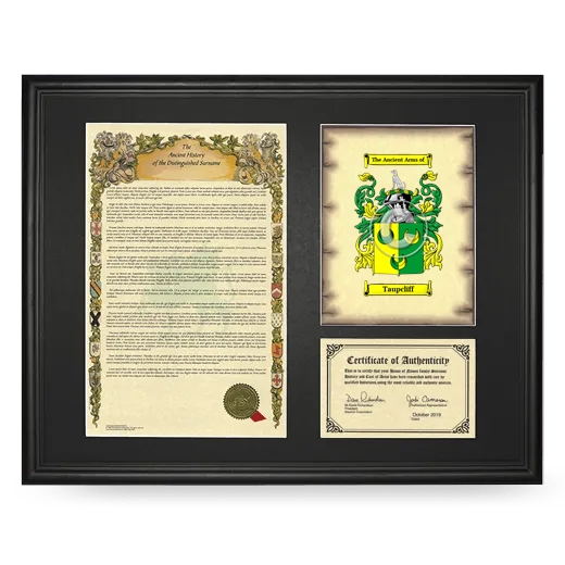 Taupcliff Framed Surname History and Coat of Arms - Black