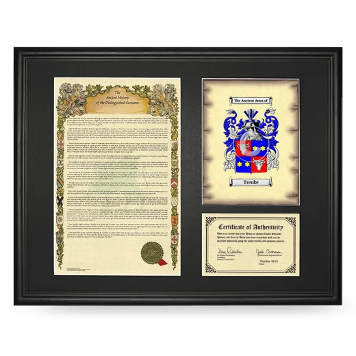 Trenke Framed Surname History and Coat of Arms - Black