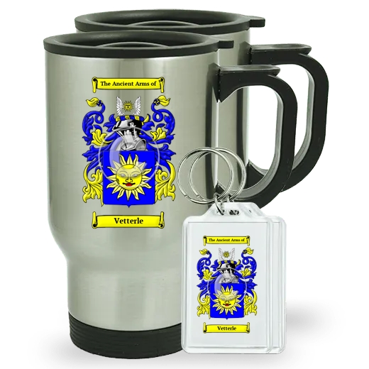 Vetterle Pair of Travel Mugs and pair of Keychains