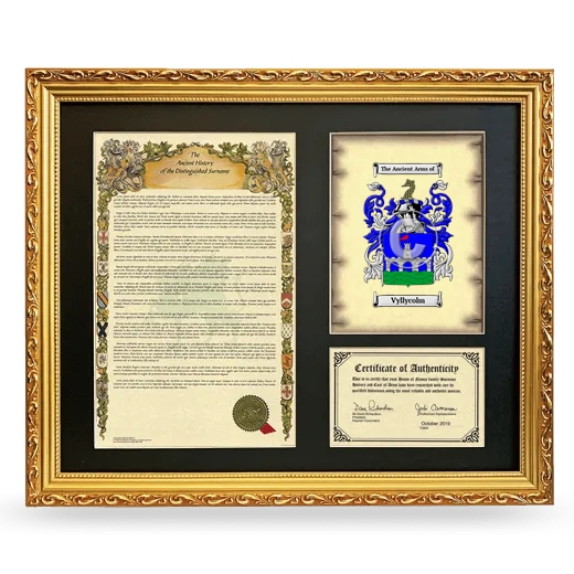 Vyllycolm Framed Surname History and Coat of Arms- Gold