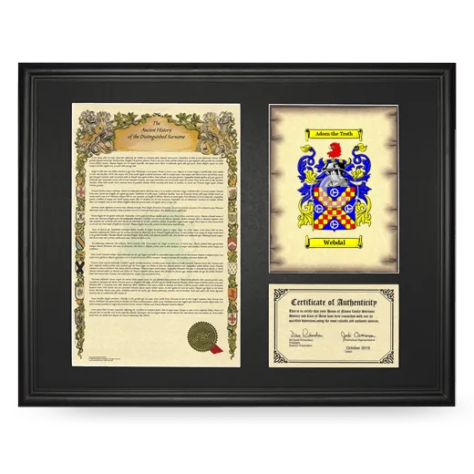 Webdal Framed Surname History and Coat of Arms - Black