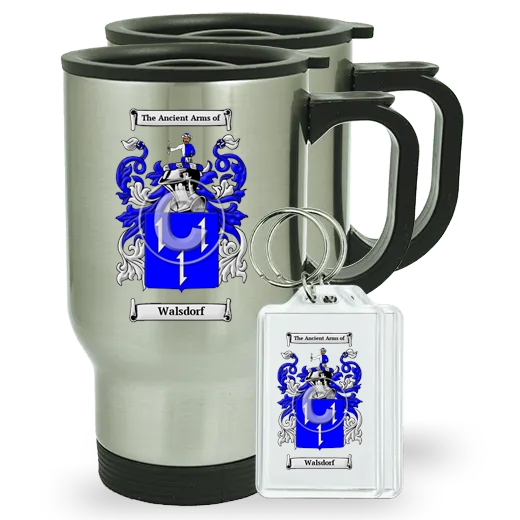 Walsdorf Pair of Travel Mugs and pair of Keychains