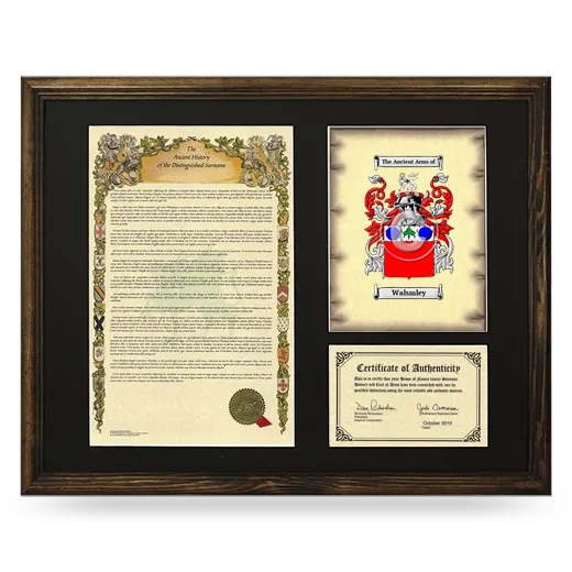Walsmley Framed Surname History and Coat of Arms - Brown