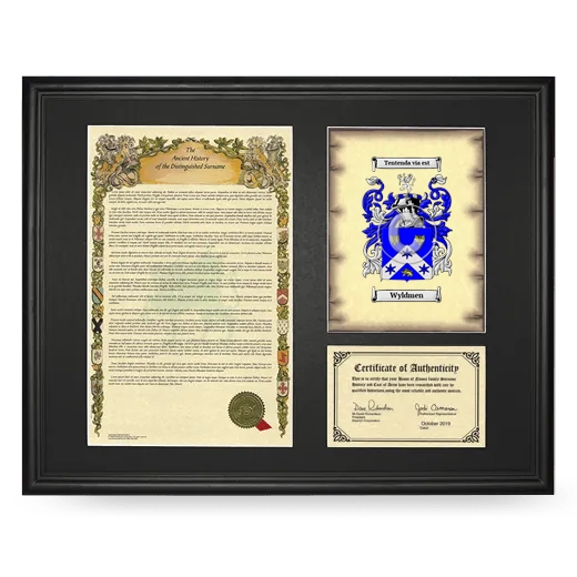 Wyldmen Framed Surname History and Coat of Arms - Black