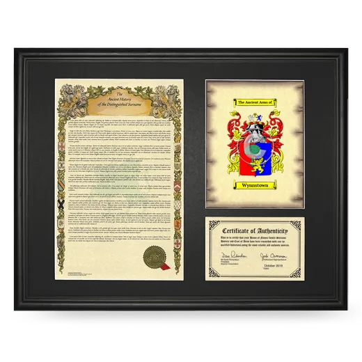 Wynnstown Framed Surname History and Coat of Arms - Black