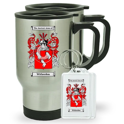 Witherdon Pair of Travel Mugs and pair of Keychains