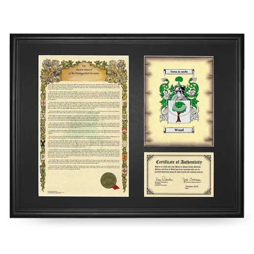 Woud Framed Surname History and Coat of Arms - Black