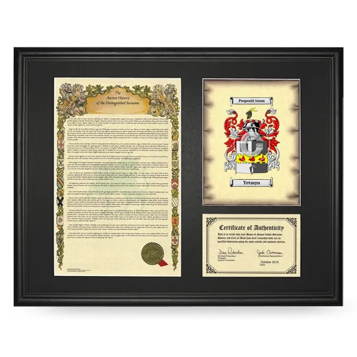 Yetmyn Framed Surname History and Coat of Arms - Black