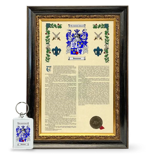 Brusseau Framed Armorial History and Keychain - Heirloom