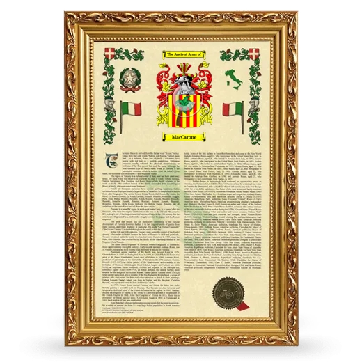 MacCarone Armorial History Framed - Gold