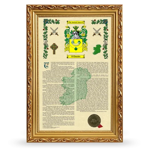 O'Clearies Armorial History Framed - Gold