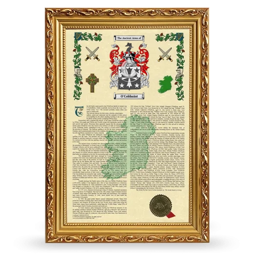 O'Coldmint Armorial History Framed - Gold