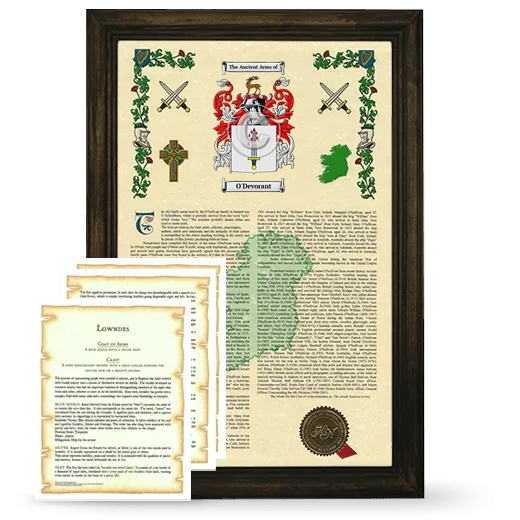 O'Devorant Framed Armorial History and Symbolism - Brown