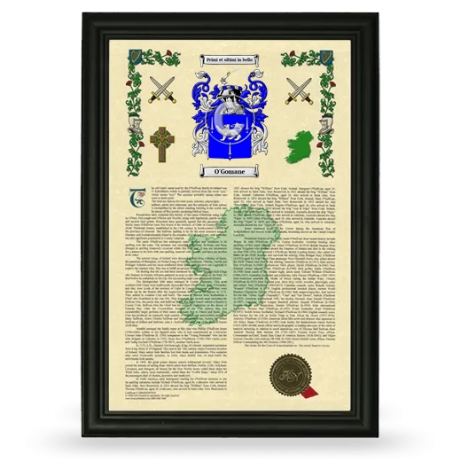 O'Gomane Armorial History Framed - Black