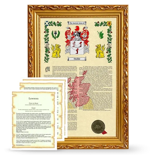 Ousbie Framed Armorial History and Symbolism - Gold