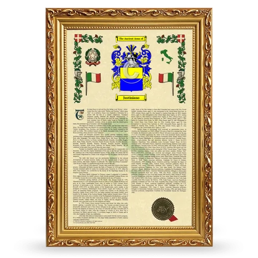 Justiniano Armorial History Framed - Gold