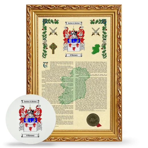 O'Kerney Framed Armorial History and Mouse Pad - Gold