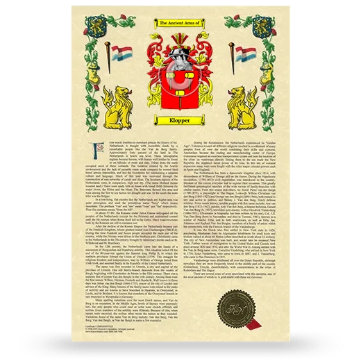Klopper Armorial History with Coat of Arms