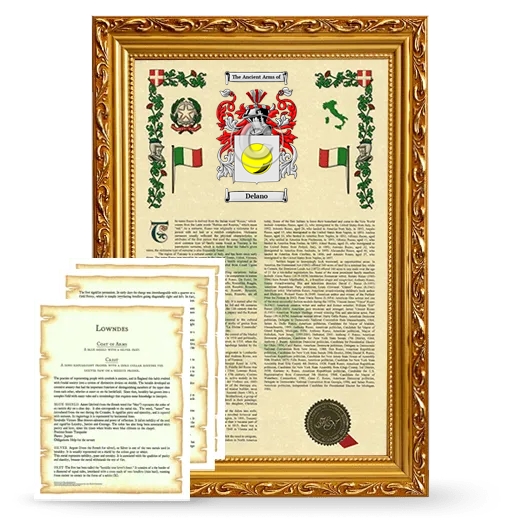 Delano Framed Armorial History and Symbolism - Gold